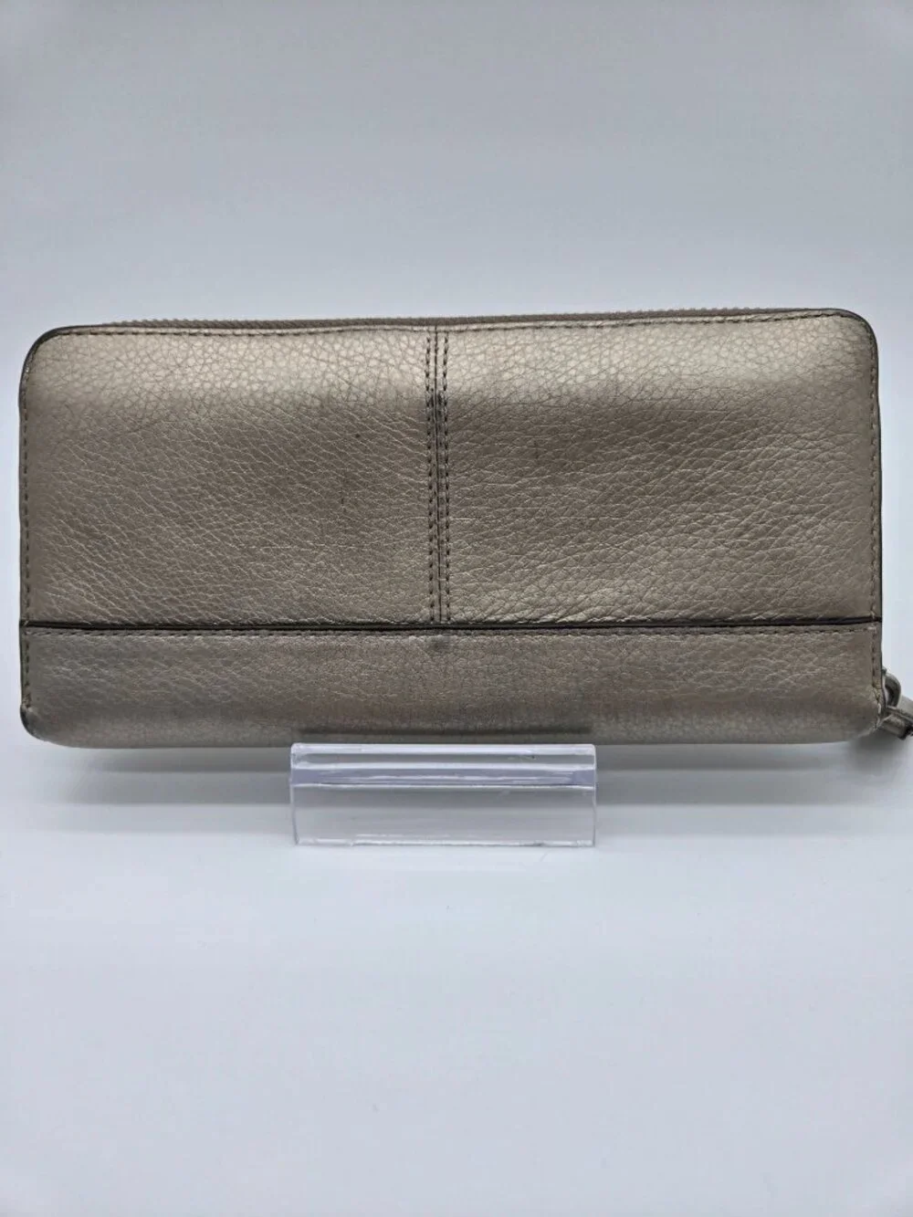 Coach Park Metallic Pebbled Leather Accordion Zip Around Wallet Clutch Silver Go